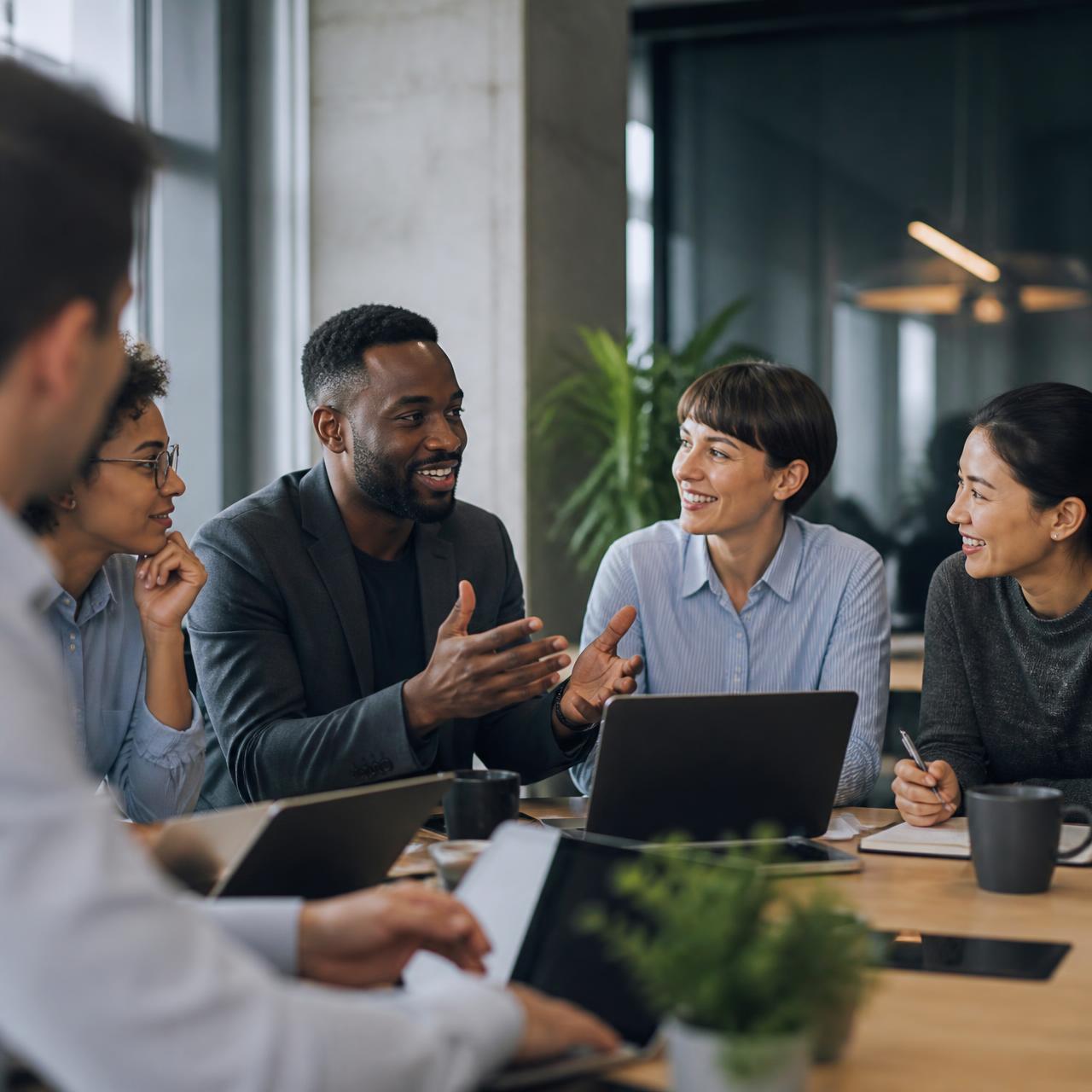 Solutions 2 Go team collaborating with a client in a modern office